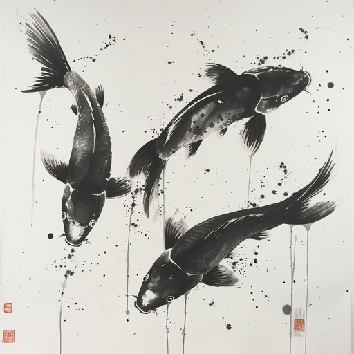 Three Black Koi Fish in Sumi-e Style