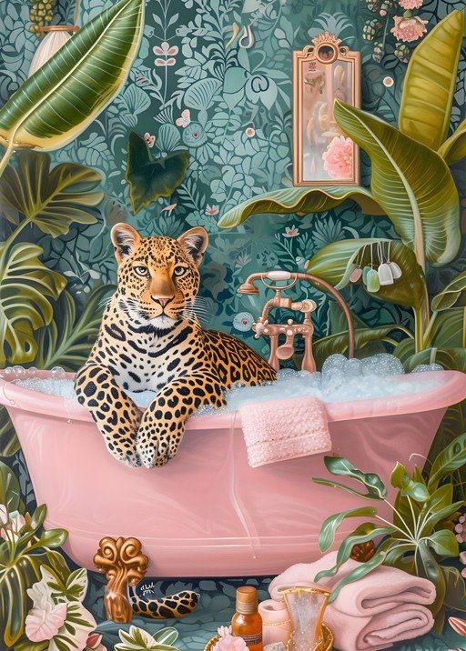 Leopard Enjoys a Luxurious Bubble Bath in a Tropical Setting