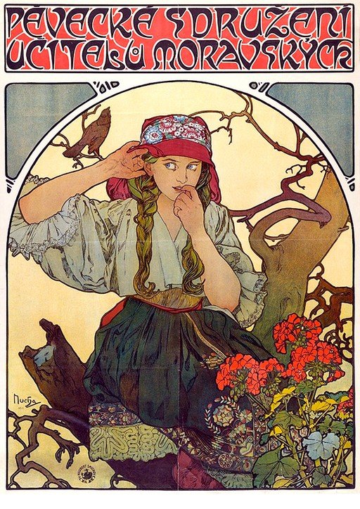 Art Nouveau Poster of a Young Woman with Bird and Flowers
