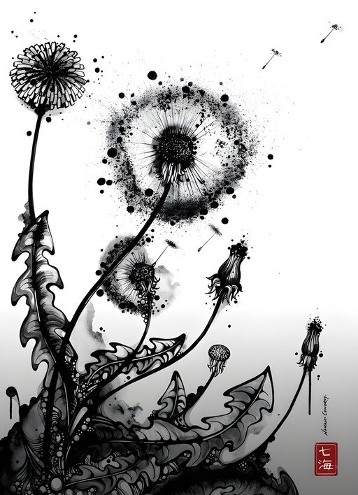 Ink Wash Dandelions in Flight