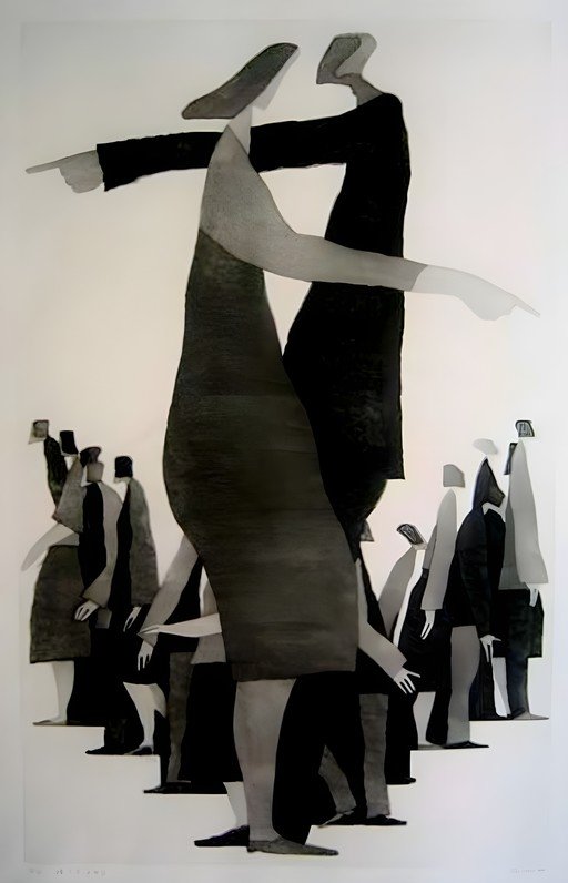Abstract Figures Pointing and Ascending Stairs