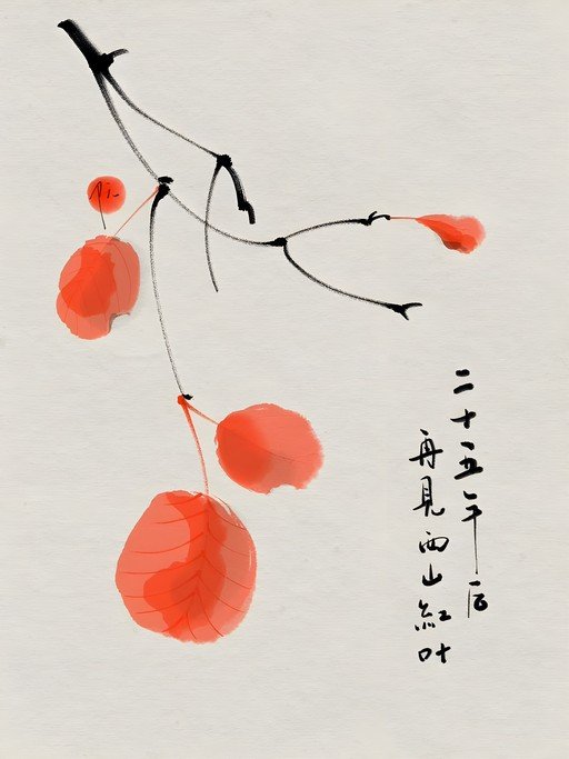 Ink Wash Painting of Red Leaves on a Branch