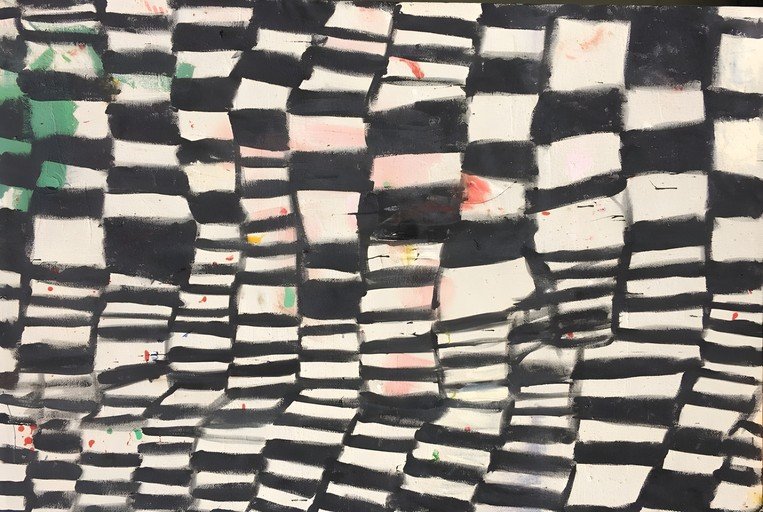 Abstract Black and White Checkered Painting with Subtle Color Accents