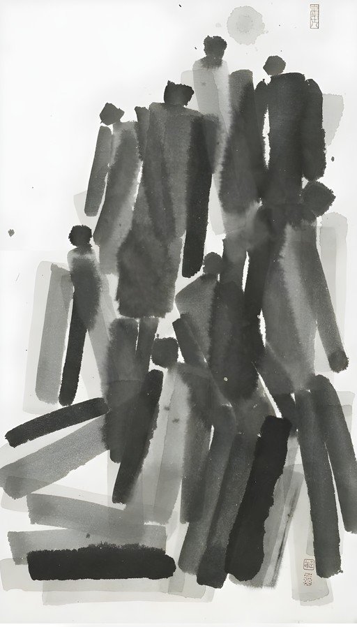 Abstract Ink Wash Painting of Figures