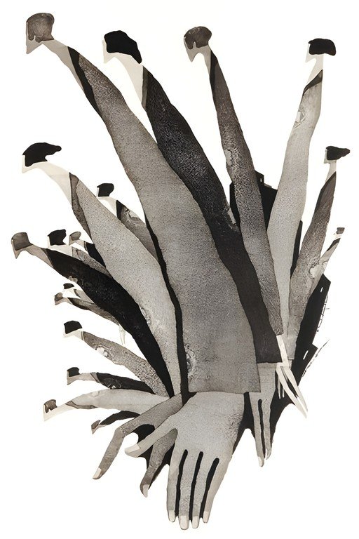 Abstract Ink Wash Collage of Figures and Hands
