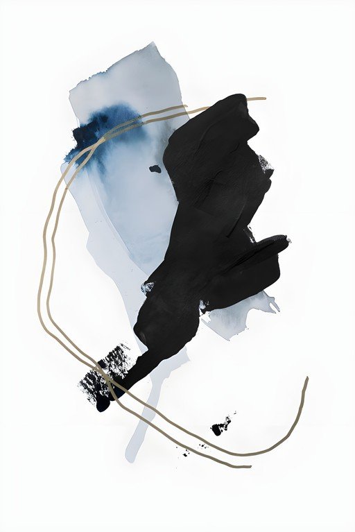 Abstract Black and Blue Ink Painting with Gold Lines