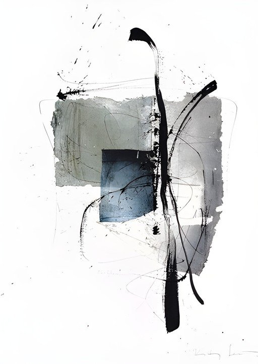Abstract Black and White Ink Painting with Textured Grays