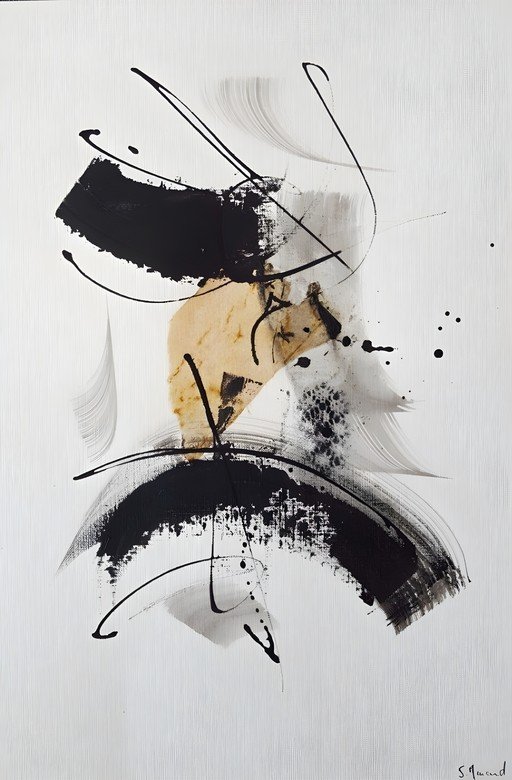 Abstract Black and White Ink Painting with Gold Accents