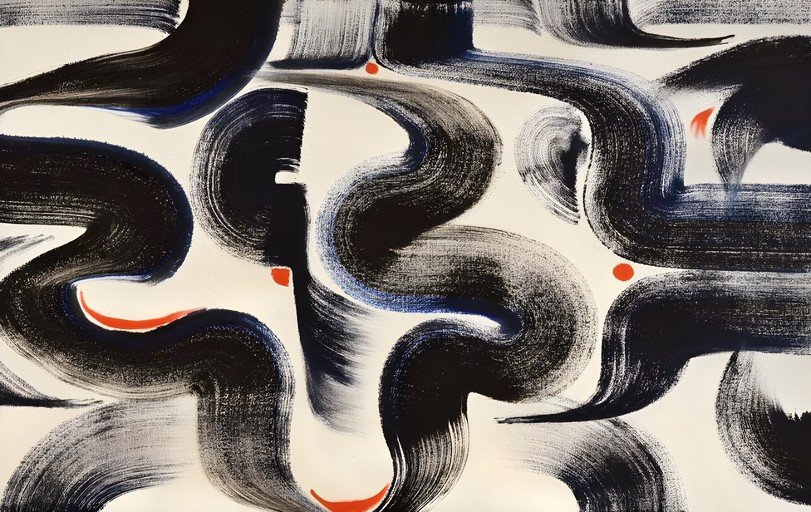 Abstract Black and White Brushstrokes with Red Accents