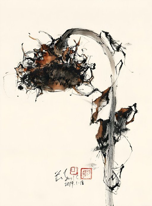 Abstract Ink Painting of a Wilting Sunflower