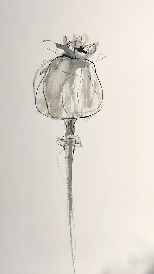 Ink Wash Painting of a Poppy Seed Head
