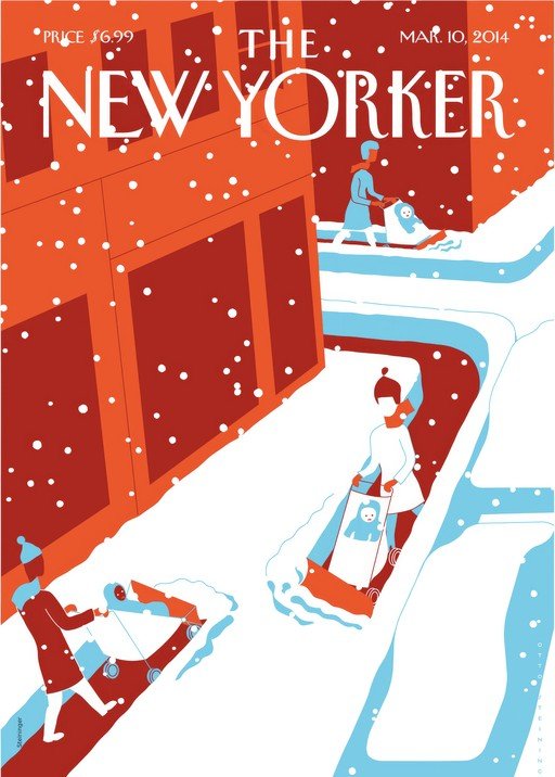 New Yorker Cover: Winter Scene with People and Sleds