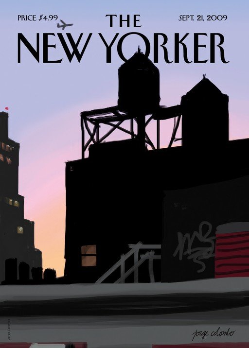 New Yorker Cover: Rooftop Water Towers at Dusk