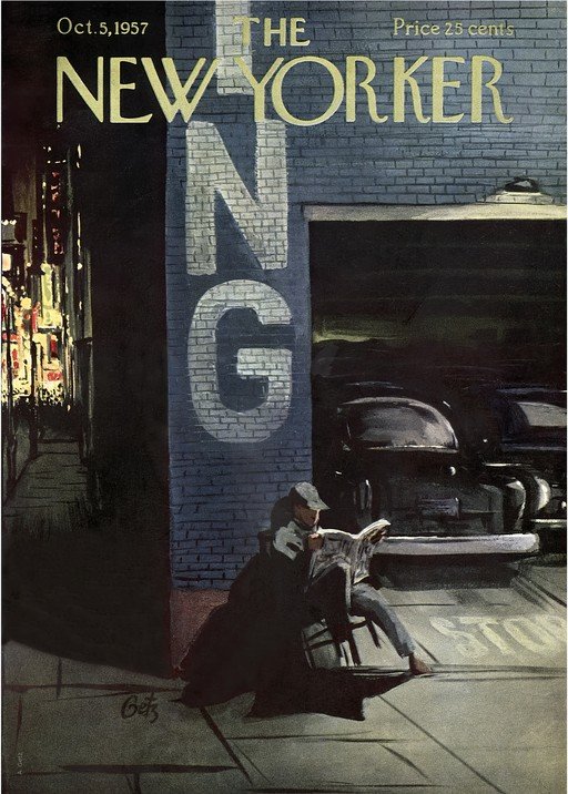 New Yorker Cover: Man Reads Newspaper Outside Garage at Night