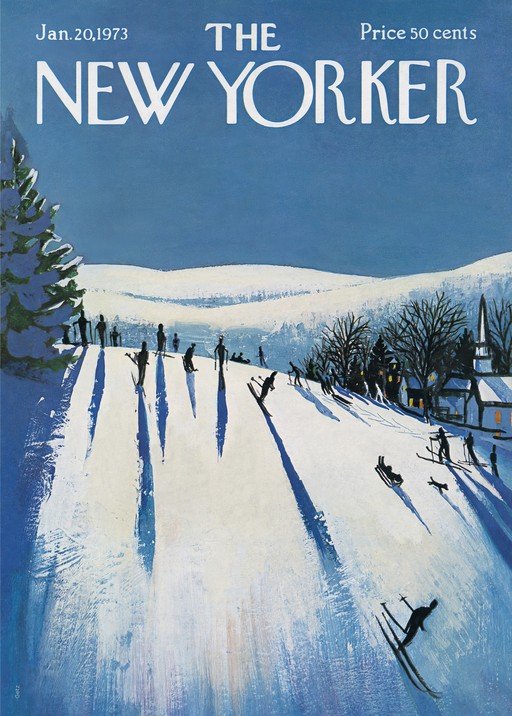 New Yorker Cover: Skiers on Snowy Hillside with Village