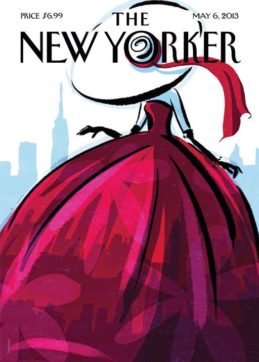 New Yorker Cover: Woman in Red Dress with City Skyline