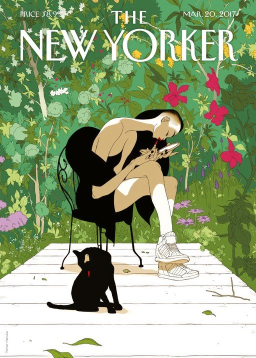 New Yorker Cover: Woman Applying Lipstick in a Garden