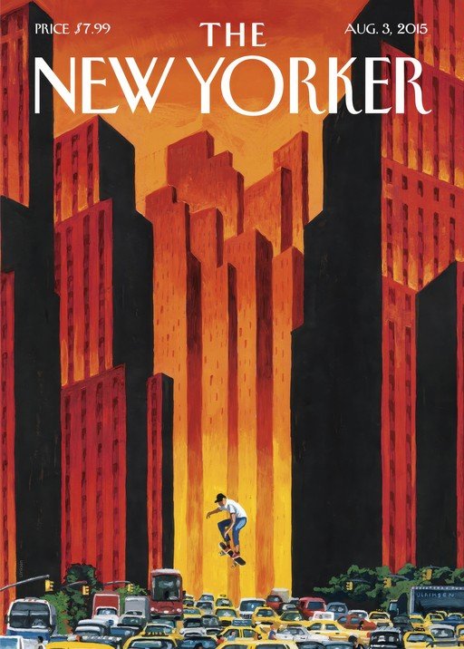 New Yorker Cover: Skateboarder Over City Traffic