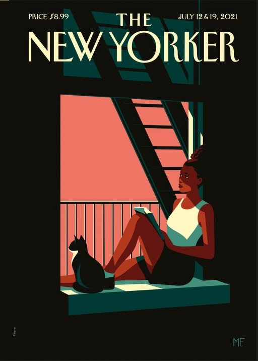 New Yorker Cover: Woman Reading with Cat on Fire Escape