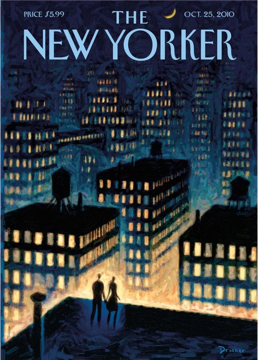 The New Yorker Cover: Couple on Rooftop Overlooking City at Night