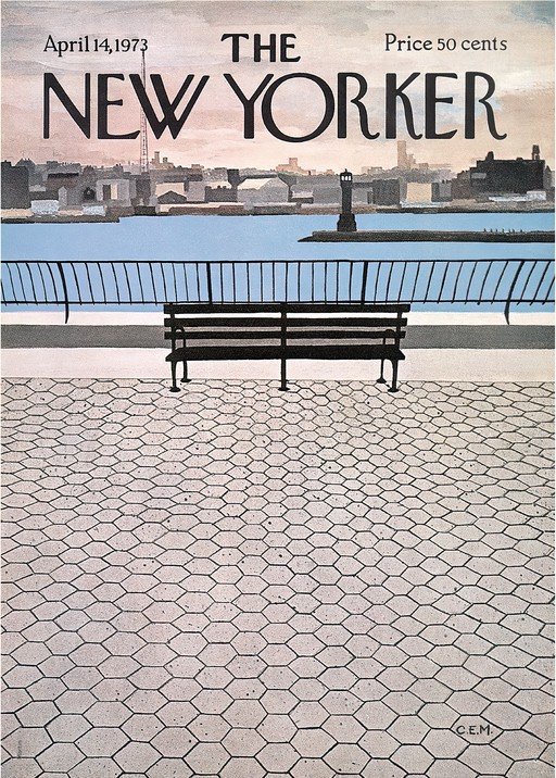 New Yorker Cover: Waterfront Bench with Cityscape