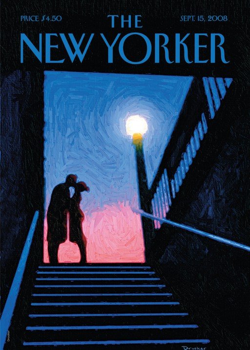 New Yorker Cover: Couple Kissing on Stairs Under Streetlight