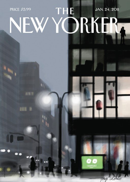 The New Yorker Cover: City Street Scene with Figures and Storefront