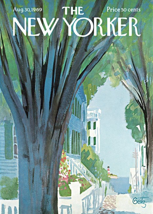 New Yorker Cover: Summer Street Scene with Lighthouse