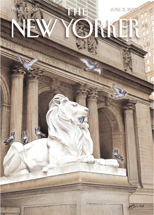 New Yorker Cover: Pigeons on Library Lion Statue