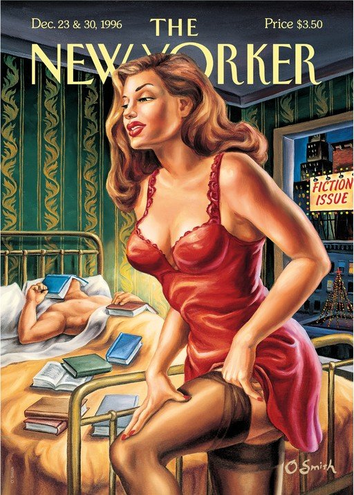 New Yorker Cover: Woman in Red Dress and Man Reading in Bed