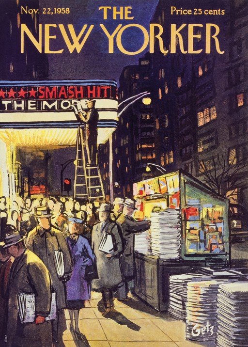New Yorker Cover: Night Scene with Theater and Newsstand