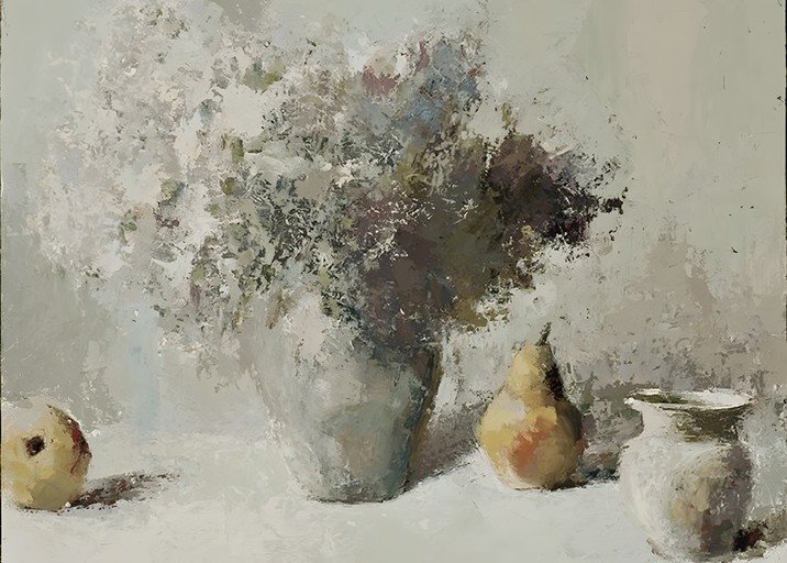 Impressionistic Still Life with Fruit and Flowers