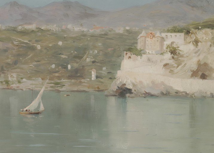 Impressionist Seascape with Sailboat and Coastal Town