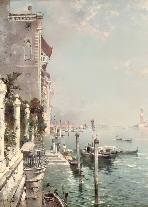 Venetian Canal Scene with Gondolas and Architecture