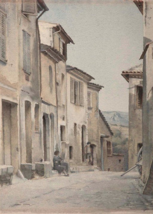 Watercolor of a European Village Street Scene