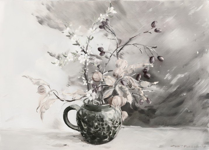 Monochromatic Still Life of Flowers and Berries in a Vase