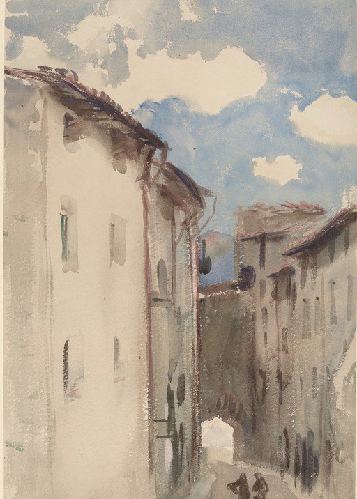 Watercolor painting of a European street scene