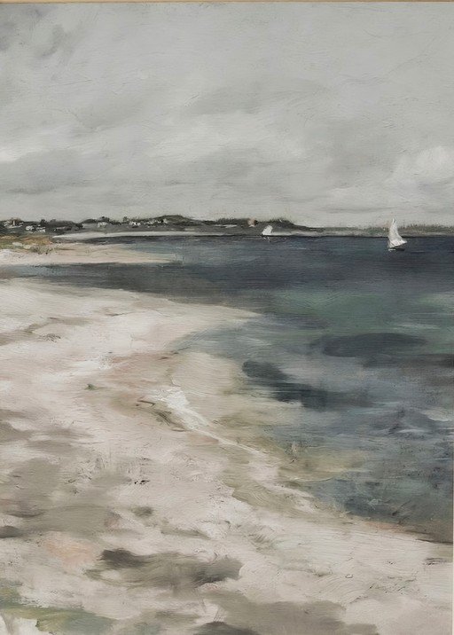 Impressionist Seascape Painting of Sailboats and a Coastal Village