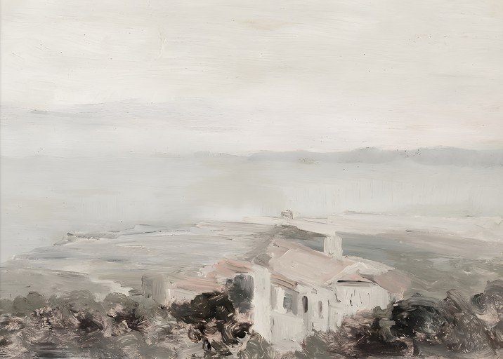 Misty Coastal Village Painting