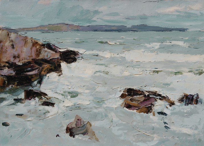 Impressionist Seascape Painting of Rocky Shoreline