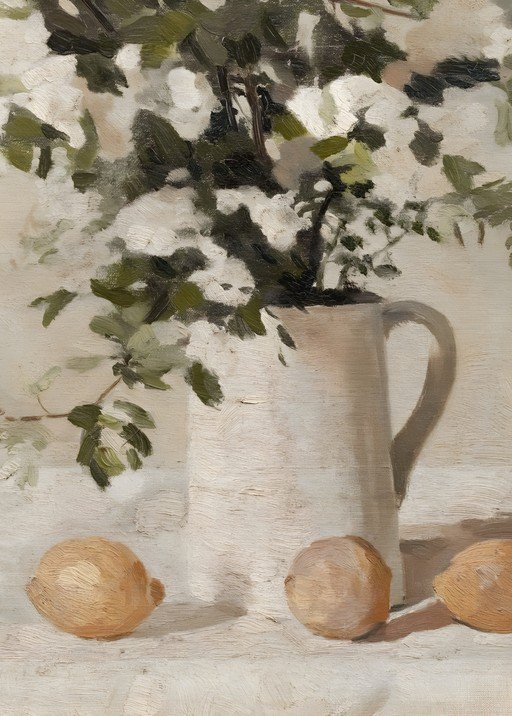 Still Life with Lemons and White Flowers in a Pitcher