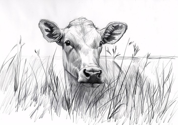 Pencil Sketch of a Young Cow in Tall Grass