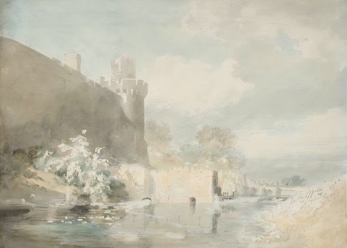 Watercolor painting of a castle and moat