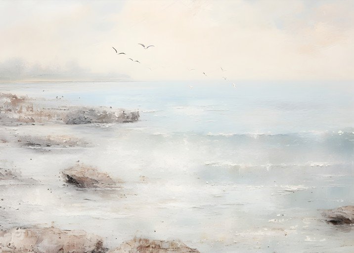 Seagulls Over a Rocky Shoreline