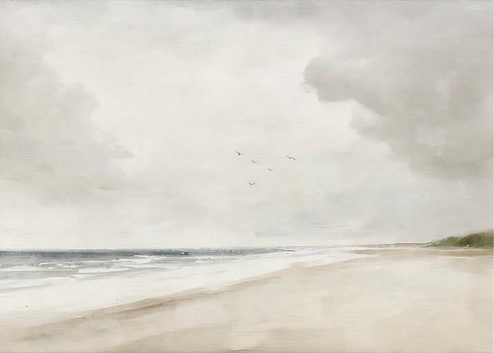 Serene Beach Landscape with Birds in Flight