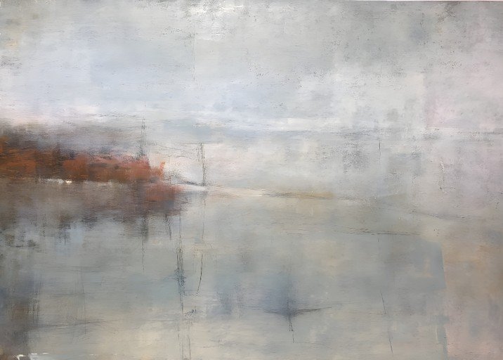 Abstract Landscape Painting with Earth Tones and Cool Hues