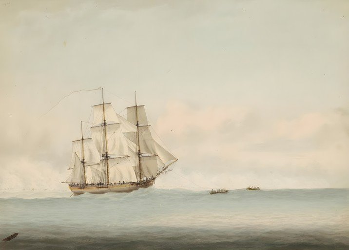 Sailing Ship with Rowboats in Calm Seas
