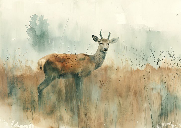 Watercolor Deer in a Grassy Field