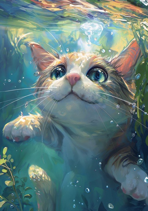 Whimsical Cat Swims Underwater Amidst Bubbles and Plants