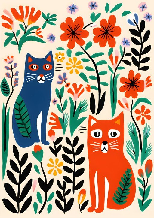 Whimsical Cats and Flowers Art Print